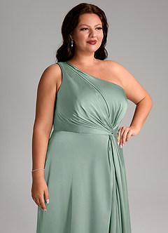 Azazie Brooke Bridesmaid Dresses Agave A-Line One Shoulder Stretch Satin Dress image14
