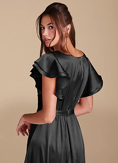 Azazie Daphne Modest Bridesmaid Dresses A-Line Ruched Metallic Satin Floor-Length Dress image6