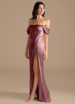 Azazie Lynden Bridesmaid Dresses Vintage Mauve Sheath Off the Shoulder Metallic Satin Convertible Dress image7