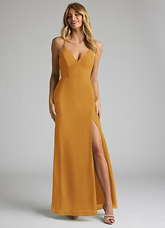 Azazie Becca Bridesmaid Dresses Butterscotch Sheath V-Neck Chiffon Dress image4