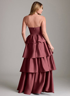 Azazie Faye Bridesmaid Dresses Merlot A-Line Ruched Stretch Satin Dress image2