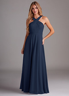 Azazie Dixie Bridesmaid Dresses Dark Navy A-Line Halter Pleated Chiffon Dress image1