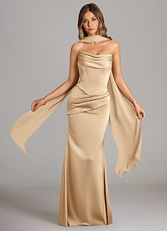 Azazie Sorrel Bridesmaid Dresses Champagne Mermaid Strapless Stretch Satin Convertible Dress image1