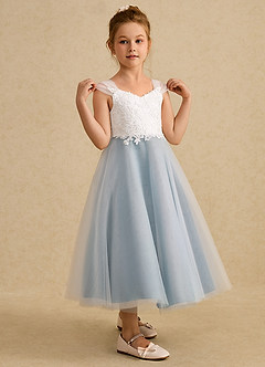 Azazie Momo vestidos de niña de las flores Vestido de Marfil Azul Malhumorado de Encaje de Corte En A image5
