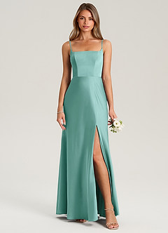 Azazie Lidia Vestidos de damas de honor Vestido de Aqua de Satén Elástico de Corte Sirena con Corte Lateral image5