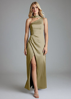 Azazie Adhara Bridesmaid Dresses Moss Green Sheath One Shoulder Stretch Satin Dress image5