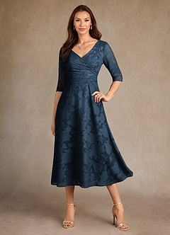 Azazie Durant Mother of the Bride Dresses Dark Navy A-Line Pleated Floral Burnout Dress image4