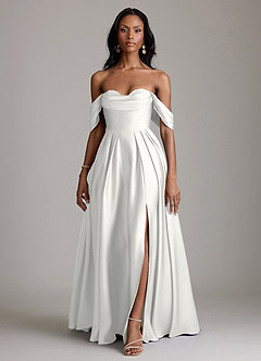 Azazie Loisa Abiti da Damigella Abito A-Line in Raso Elasticizzato a Spalla Scoperta Bianco image7