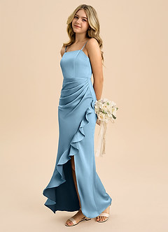 Azazie Buzzy Junior Steel Blue Sheath Pleated Stretch Satin Dress image6