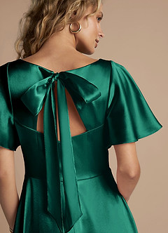 Azazie Kimber Bridesmaid Dresses Emerald A-Line Ruched Metallic Satin Dress image2
