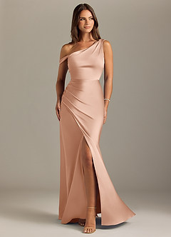Azazie Madelyn Bridesmaid Dresses Rose Gold Mermaid Off the Shoulder Stretch Satin Convertible Dress image1