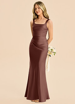 Azazie Agustina Junior Espresso Sheath Pleated Stretch Satin Dress image1
