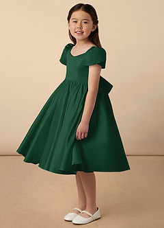 Azazie Juno Blumenmädchenkleider A-Linie Herzausschnitt Matte Satin Kleid Dunkelgrün image2