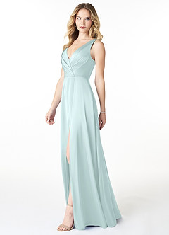 Azazie Nelly Bridesmaid Dresses Sea Glass A-Line V-Neck Pleated Stretch Satin Dress image3