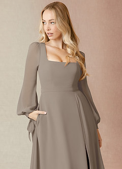 Azazie Leonia Bridesmaid Dresses Taupe A-Line Long Sleeve Chiffon Dress image10