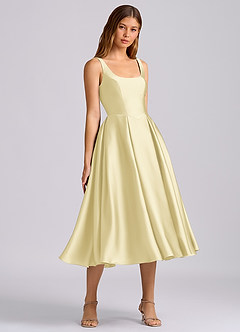 Azazie Amalie Bridesmaid Dresses Lemon Sorbet A-Line Pleated Stretch Satin Dress image1
