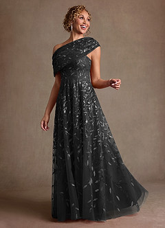 Azazie Sidney Mère de la mariée Robes Robe Trapèze en Dentelle Épaule décolletée Noir image1