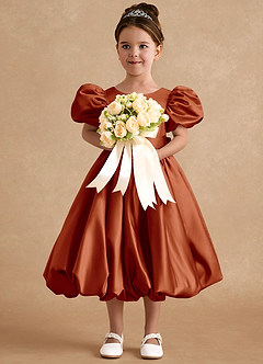 Azazie Jellybean Flower Girl Dresses Paprika Ball-Gown Ruched Matte Satin Dress image3