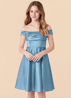 Azazie Amira Junior Steel Blue A-Line Pleated Stretch Satin Dress image4