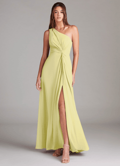 Azazie Brooke Robes de demoiselle d'honneur Robe Trapèze en Mousseline de soie Ue épaule Sorbet Citron image1