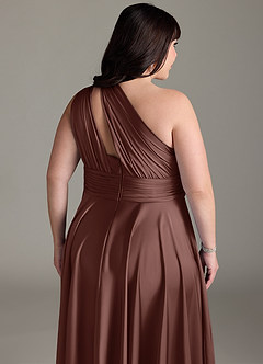 Azazie Charlize Bridesmaid Dresses Espresso A-Line One Shoulder Stretch Satin Dress image16