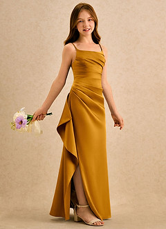 Azazie Cannoli Girls Formal Vestidos de florista Vestido Caramelo de Cetim elástico de Linha A com Plissado image1
