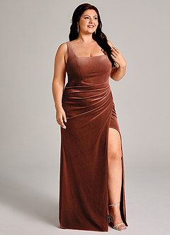 Azazie Mero Brautjungfernkleider Meerjungfrau-Linie Plissee Samt Kleid Terrakotta image10