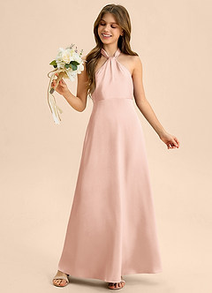 Azazie Beah Junior Rose Gold A-Line Pleated Stretch Satin Dress image2