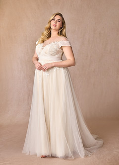 Azazie Cindy Wedding Dresses A-Line Illusion Off-The-Shouler Lace Tulle Chapel Train Dress image12