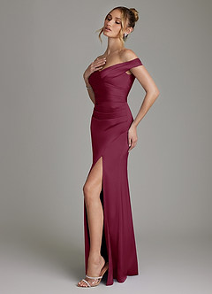 Azazie Teyana Bridesmaid Dresses Mulberry Sheath Off the Shoulder Stretch Satin Dress image6