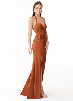 Azazie Emeria Bridesmaid Dresses Cinnamon Mermaid Pleated Stretch Satin Dress image4