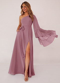 Barbie ♥ Azazie Robes de demoiselle d'honneur Robe Trapèze en Mousseline de soie Manche longue Mauve Vintage image1