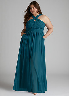 Azazie Hillian Bridesmaid Dresses Ink Blue A-Line Halter Pleated Mesh Dress image8