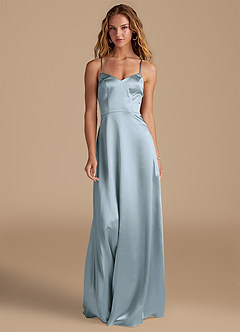 Azazie Mei Robes de demoiselle d'honneur Robe Trapèze en Satiné métallisé Bleu Poussiéreux image3