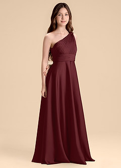 Azazie Charlize Junior Cabernet A-Line Pleated Stretch Satin Dress image3
