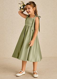 Azazie Chelsie Flower Girl Dresses Moss Green A-Line Bow Matte Satin Dress image4