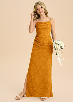 Azazie Mai Junior Butterscotch Sheath Pleated Floral Burnout Dress image3