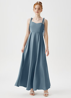 Azazie Rosey Junior Robe Trapèze en Satin extensible Encolure en Forme de Cœur Bleu Poussiéreux image4