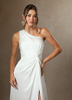 Azazie Tulisa Wedding Dresses Diamond White A-Line One Shoulder Stretch Satin Dress image5