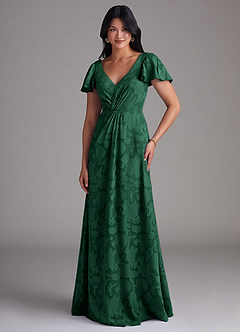 Azazie Soren Vestidos de damas de honor Vestido de Verde Oscuro de Devorado Floral de Corte en A con Plisado image4