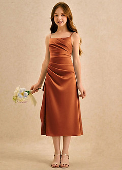 Azazie Canna Girls Formal Sukienki dla dziewczynek sypiących kwiaty Linia A Pofałdowany Satyna elastyczna Długość herbaty Sukienka image5