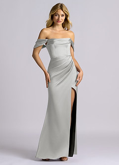Azazie Auden Robes de demoiselle d'honneur Robe Fourreau Convertible en Satin extensible Épaule décolletée Argent image7