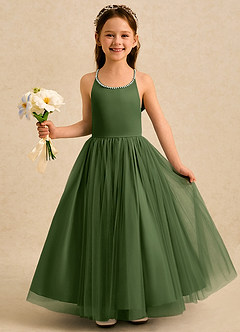 Azazie Aurora Abiti da Ragazza di Fiori Abito A-Line in Tulle Fiocco Oliva image3
