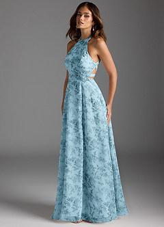 Azazie Clarice Vestidos de madrinha de casamento Vestir Floral Samambaia Azul de Chiffon de Linha A com Pescoço alto image3