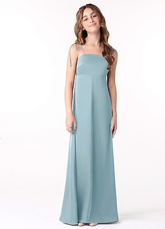 Azazie Violeta Junior Vestido de Azul Malhumorado de Satén Elástico de Corte En A con Lazo image1