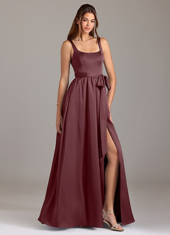 Azazie Elliott Bridesmaid Dresses Sangria A-Line with Pockets Stretch Satin Dress image1