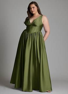 Azazie Delmie Vestidos de damas de honor Vestido Oliva de Satén Elástico de Línea A con Corsé image11