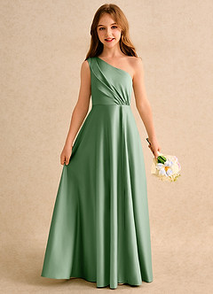 Azazie Puddles Girls Formal Flower Girl Dresses Matcha A-Line One Shoulder Matte Satin Dress image1
