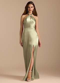 Azazie Tracie Bridesmaid Dresses Moss Green A-Line Pleated Metallic Satin Dress image6