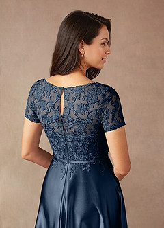 Azazie Adina vestidos de madre de la novia Vestido de Azul Marino Oscuro de Satén Metálico de Corte En A con Encaje image5